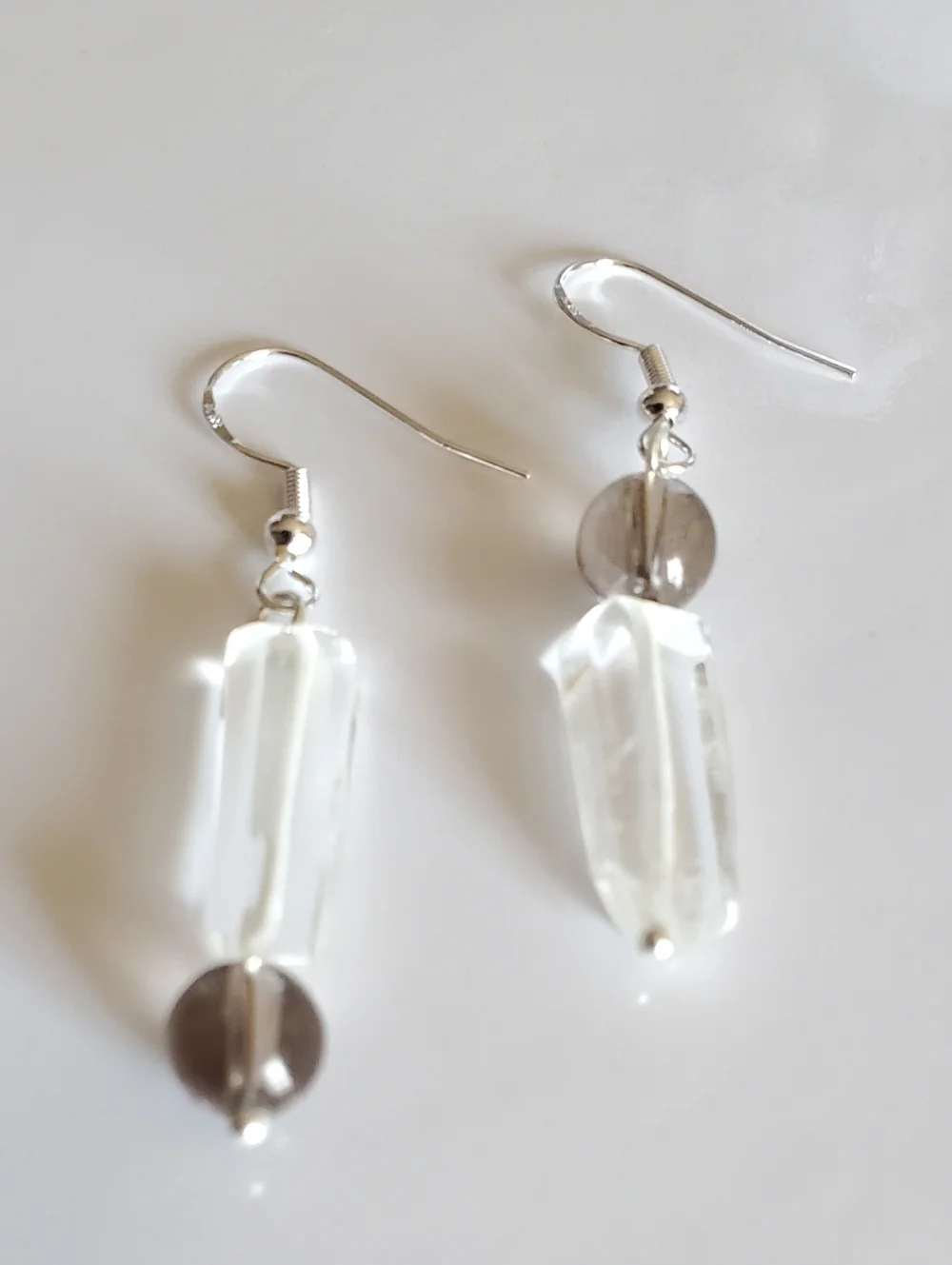 2 Pairs Sterling Silver 925 Clear Crystal & Smoky Quarts Gemstones Drop Earrings - Picture 3 of 8